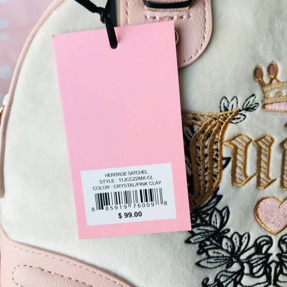 Juicy Couture HERITAGE SATCHEL Velour & Faux leather  w pouch Crystal /Pink Clay - Picture 12 of 12